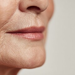 Obraz premium Focused photo of the lips of an elderly person, showing small wrinkles, emphasizing pure white tones, luxurious style.