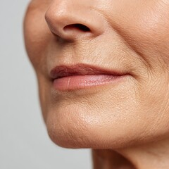 Obraz premium Focused photo of the lips of an elderly person, showing small wrinkles, emphasizing pure white tones, luxurious style.