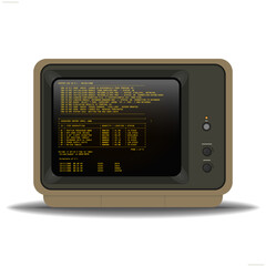 Old vintage fantasy computer monochrome amber CRT monitor. Monitor from 80-s with knobs and realistic glare effect. Authentic 80's tables, program, amber font. Office working text on screen.