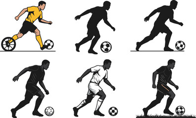 Soccer player dribbling illustration, dynamic motion pose, football action sequence, sports silhouette, artistic style, training concept, grass field, athletic movement