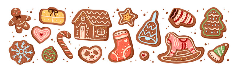 Set of Christmas gingerbreads. Xmas ginger breads with different shapes for winter holidays. New Year cookies, biscuits with icing. Bakery food. Flat isolated vector illustrations on white background