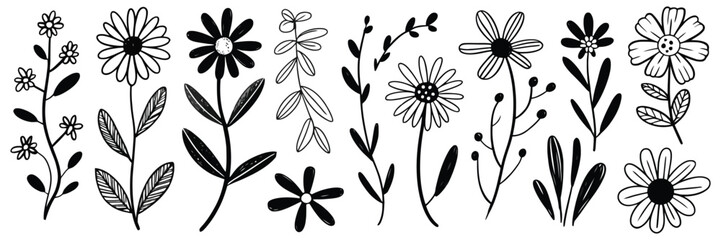 Flower Brush Hand‑Drawn Vector Set — Doodle Floral & Leaf Elements in Ink Brush Stroke Style, Abstract Botanical Silhouettes for Nature, Paint Art, Minimal Designs