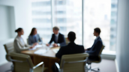 A blurred image of a group of business people sitting around a table in a modern conference room, with a city skyline visible through the window