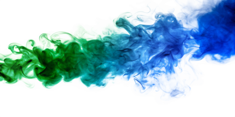 Green blue and white smoke swirling on white background isolated on a transparent background