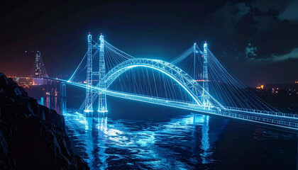 Obraz premium Neon Bridge Over Water: A stunning long-exposure shot showcasing a modern bridge illuminated with vibrant neon lights, casting a futuristic glow over the dark, tranquil waters at night.