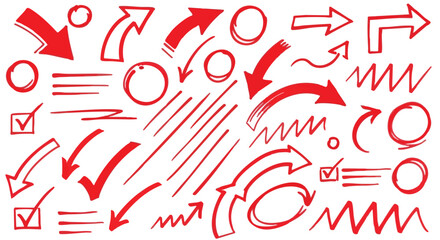 Collection of hand-drawn red arrows, checkmarks, circles, lines, and zigzags for design elements.