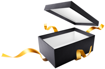 Black Friday sale, Black color open gift box with gold bow