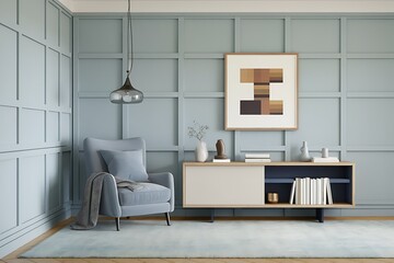 Elegant Living Room Interior Featuring a Light Blue Armchair, Console Table, Modern Art, and Subtle Lighting, Creating a Serene and Harmonious Atmosphere