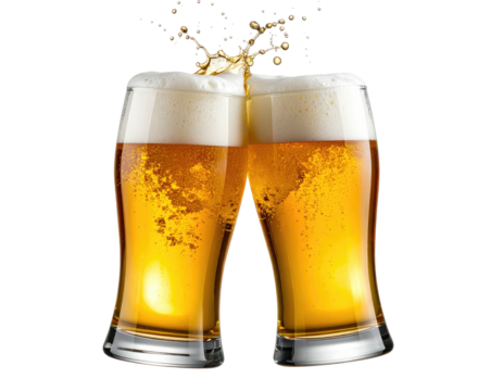 Two golden pints of ale clinking with a foamy splash and vibrant highlights