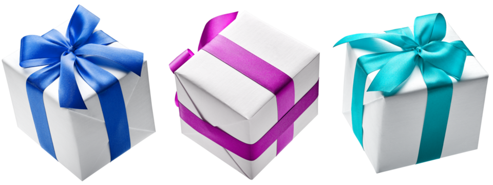 Set of white color gift boxes with colorful ribbon