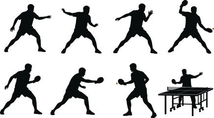Table tennis silhouette, ping pong players, black vector illustration, paddle action pose, sports movement, match scene, isolated icon, dynamic gesture