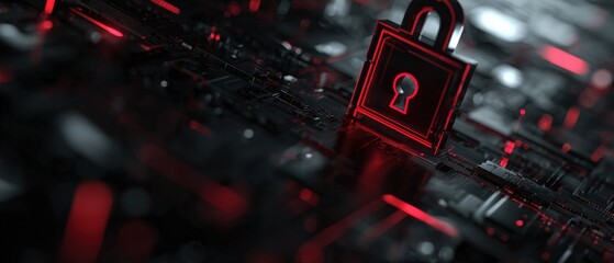 Digital red padlock on a dark circuit board background, symbolizing cybersecurity and data protection in the digital age Concept of network security and encryption