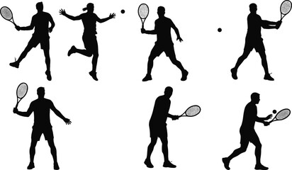 Tennis player silhouette, black vector illustration, racket action pose, sports movement, athletic training, dynamic tennis icon, isolated background