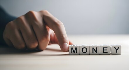 Fingers arranging white blocks spelling the word money