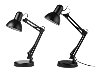 Two adjustable black desk lamps, side-by-side, against a dark background