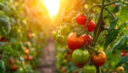 Ripe tomatoes hanging from vine, sunlight