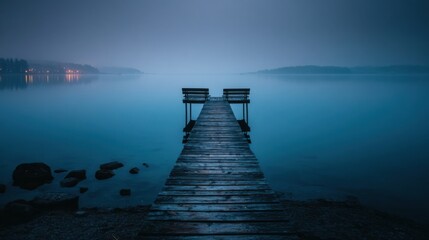 Obraz premium A wooden pier stretches into calm water at twilight with two benches facing opposite directions,