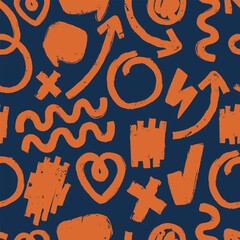 Cartoon vector illustration of love seamless pattern with hearts and doodles over dark background