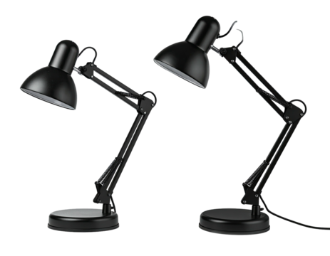 Two adjustable black desk lamps, side-by-side, against a dark background
