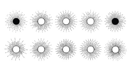 A collection of ten stylized sunburst designs with radiating lines and central circles.