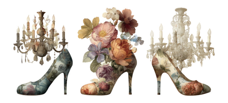 Elegant Floral High Heels with Chandelier Illustration on Transparent Background