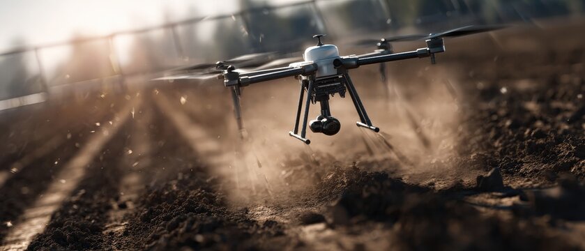 Agricultural drone spraying fertilizer over cultivated field Modern farming with drone technology for precision agriculture and crop management