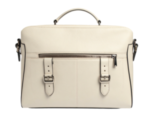 Cream-colored leather briefcase with handle, shoulder strap, and silver buckles