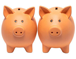 Two identical terracotta piggy banks side-by-side, against a clean black backdrop