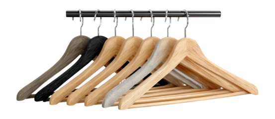 Wooden Hangers on Rack with Transparent Background for Fashion and Retail Use