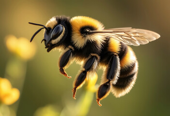 Close-up of a bee flying past yellow flowers