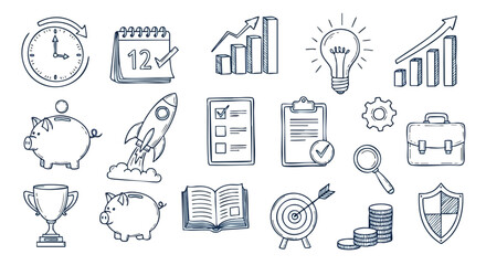 Hand-drawn illustrations of business and finance concepts, including growth charts and goals.