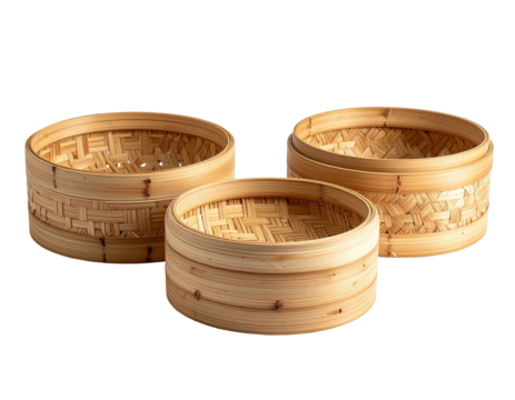 Three bamboo steamer baskets arranged on a black background