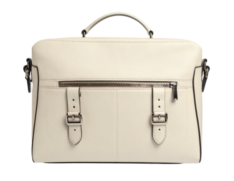 Cream-colored leather briefcase with handle, shoulder strap, and silver buckles
