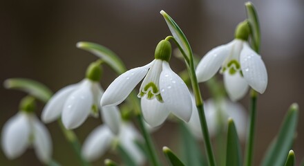 Obraz premium Delicate snowdrop flowers in early spring sunlight against a soft background