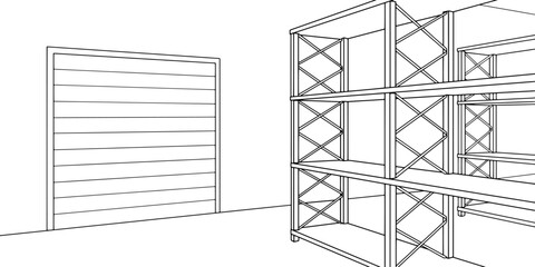 Empty storage interior graphic black white illustration vector