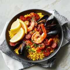 A vibrant paella with saffron-infused rice, mussels, shrimp, and chorizo, garnished with lemon wedges