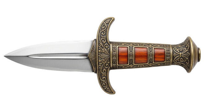 Roman legionary pugio dagger with ornate bronze hilt and broad leaf-shaped blade isolated on transparent background