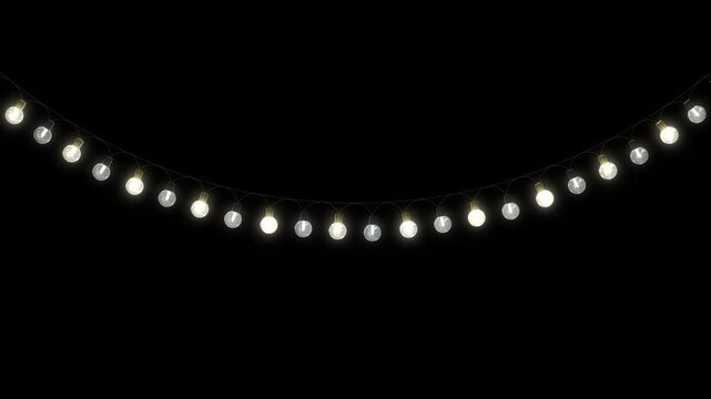 yellow string lights new year and christmas light alpha channel animation, winter holiday and birthday party celebration 3drgb light show motion design element	