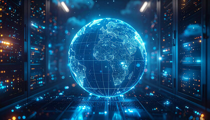 Fototapeta premium Global Digital Network: A futuristic view of the Earth rendered in glowing digital light, floating amidst server racks, symbolizing the interconnected world of data and technology.