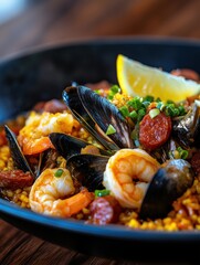 A vibrant paella with saffron-infused rice, mussels, shrimp, and chorizo, garnished with lemon wedges