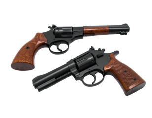 Two revolvers, black metal frames, wood grips and barrel, on a black background