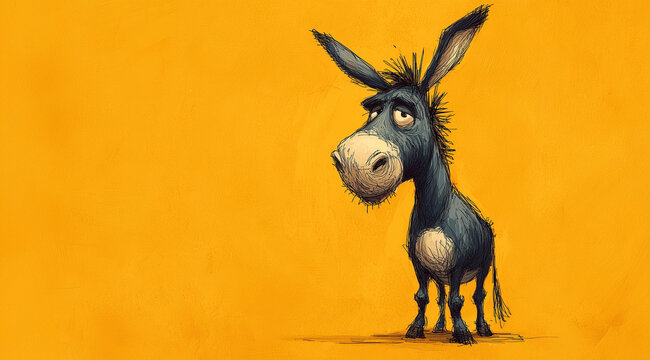 Naklejki Cartoon donkey illustration standing on yellow background with cute expression fun animal character children drawing humorous artwork funny design playful creative concept digital sketch farm mascot