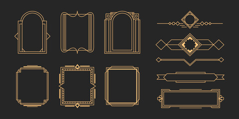 Golden vintage frames vector set. Luxury deco design in line art. Ar deco gatsby style elements.