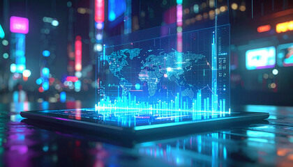 Digital Data: Immersive visualization of digital data overlays on a tablet, showcasing a global network with shimmering lights and technological advancements.