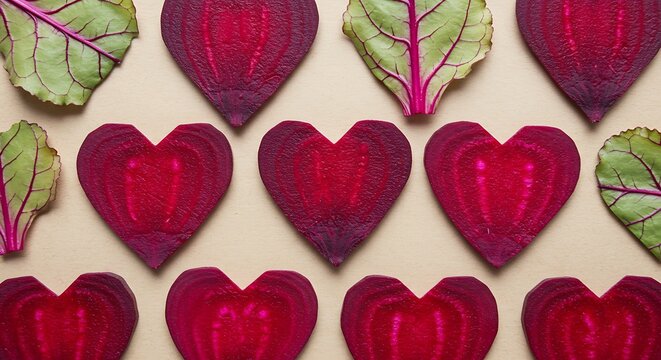 Beetroot heart slices on beige background fresh natural healthy food