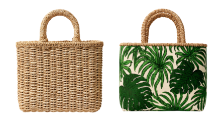 Stylish Woven Bag and Leaf Print Tote with Natural Handles on Transparent Background
