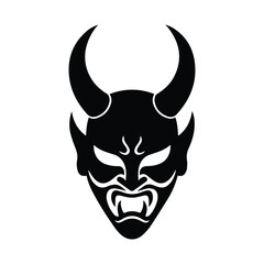Fierce black demon mask with horns and glowing white eyes silhouette art silhouette