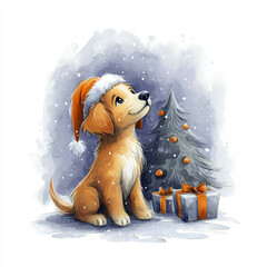 Festive Dog with Santa Hat Looks at Snowfall Near Christmas Tree