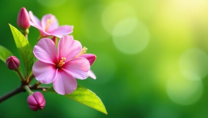 Delicate pink flowers, green leaves, bright background, seasonal, pink flowers spring