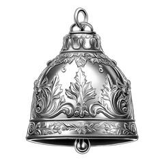 Vintage silver Christmas bell ornament with engraved floral patterns on PNG transparent background.